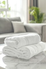 Poster - Neat stack of white towels on a table, suitable for spa or hotel concepts