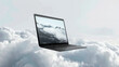 A laptop soaring through the clouds. Suitable for technology concepts