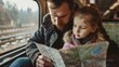 A man and a little girl studying a map, ideal for travel and navigation concepts