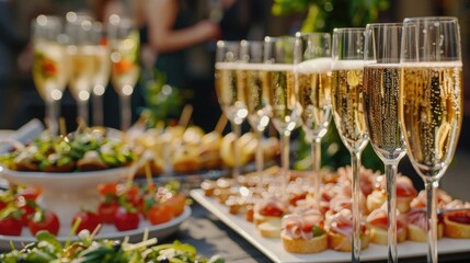 Glasses of champagne arranged on a table. Perfect for celebrations and events