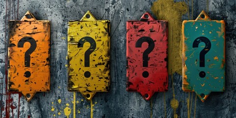 Poster - Row of colorful signs with question marks, perfect for educational or informational concepts