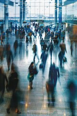 Poster - A large group of people walking through a building. Suitable for corporate or office-related themes