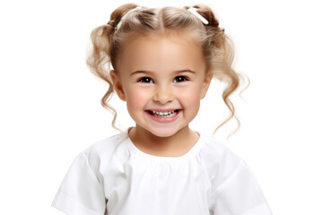studio portrait of cute little girl wearing student school uniform costume with smile and looking at
