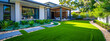 Green lawn and gardening, lush yard with modern house in natures design