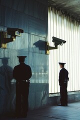 Poster - Two police officers standing in front of a building, suitable for law enforcement concepts