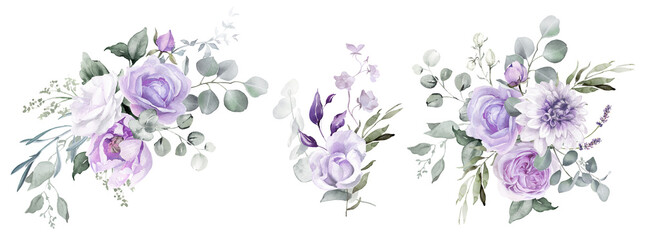 Watercolor floral bouquet clipart. Violet flowers and eucalyptus greenery illustration isolated on transparent background. Purple roses, lilac peony for  wedding stationary, greeting card