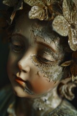 Poster - Close up of a statue of a woman with flowers on her head. Great for garden or art concepts
