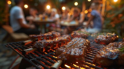 Wall Mural - Close-up shot of succulent grilled meat on a barbecue grill, with friends and family enjoying a festive atmosphere in the background