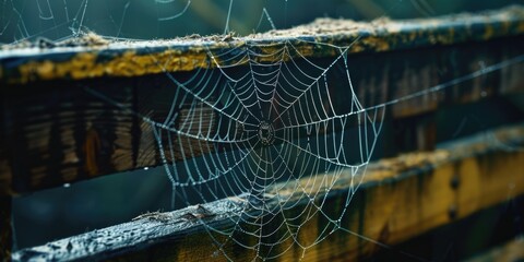 Poster - A spider web hanging from a wooden fence. Suitable for nature themes