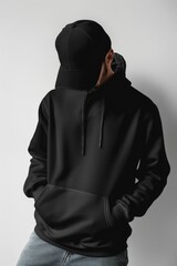 Aufkleber - A man wearing a black hoodie and jeans. Suitable for fashion or urban lifestyle concepts