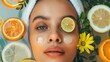 Woman with hair towel wrap lemon slices flowers on face and water biracial female body spa relaxation treatment
