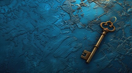 Poster - Golden key laying on blue surface, suitable for various concepts