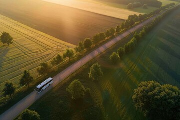 Poster - Aerial view of a bus on a rural road, suitable for transportation concept