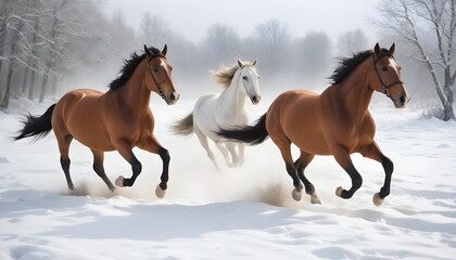  horses galloping freely through a snowy landscape.