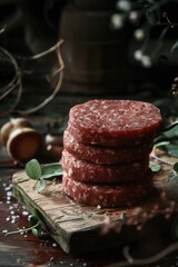 Poster - Fresh raw meat on a wooden cutting board, perfect for food blogs or cooking websites