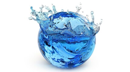 Poster - Blue glass ball with water splashing out, suitable for concepts of purity and freshness