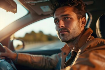 Poster - A man sitting in a car with his hands on the steering wheel. Suitable for automotive concepts