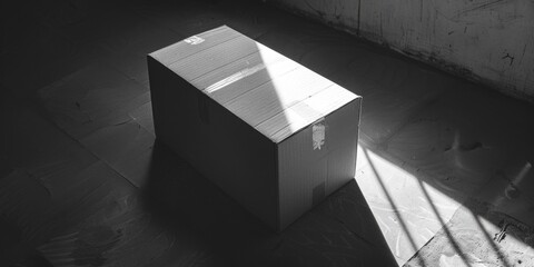 Poster - A black and white photo of a box in a room. Suitable for various projects