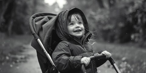 Poster - A little girl sitting in a stroller in the rain. Suitable for weather-related concepts