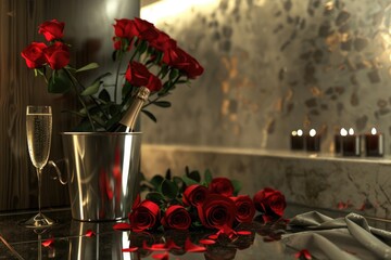 Poster - A vase of roses and two champagne flutes on a table. Ideal for romantic celebrations