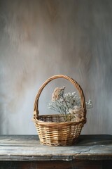 Poster - Fresh flowers in a rustic wicker basket on a wooden table, perfect for home decor