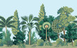 Landscape mural with trees, plants, palms and water. Forest border.	
