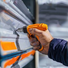 Poster - A person using a cordless drill to fix a window. Suitable for home improvement projects
