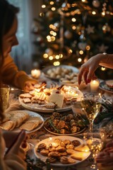 Poster - Group of people sitting at a table with plates of food. Suitable for restaurant or family meal concepts