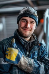 Poster - A man in a blue jacket and hat holding a wrench. Suitable for industrial, repair, and maintenance concepts