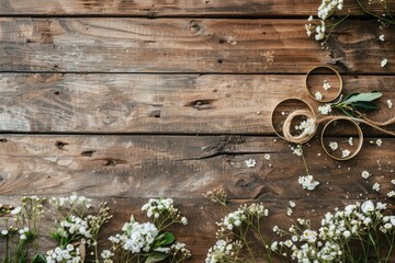 Poster - A pair of scissors placed on a wooden table. Suitable for office or crafts concept