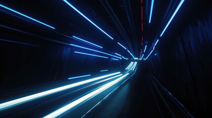 Poster - A train traveling through a tunnel with blue lights. Ideal for transportation concepts