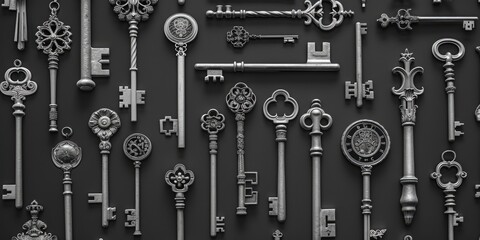 Poster - Bunch of keys hanging on a wall, suitable for home security concepts