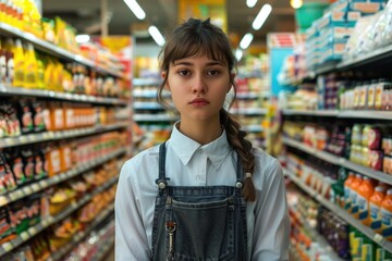 Poster - A woman standing in a grocery store aisle. Ideal for retail or shopping concepts