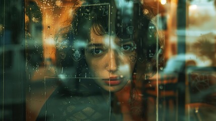 Aufkleber - A woman gazes out a rain-streaked window. Suitable for weather or contemplation themes