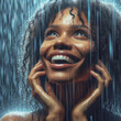 Merry woman African American laughs in the rain