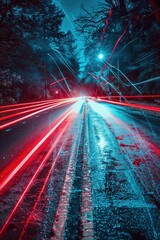 Poster - A captivating long exposure photo of a street at night, perfect for urban and nightlife themes