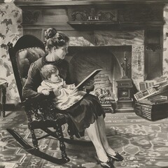 Poster - A woman sitting in a rocking chair reading a book to a baby. Suitable for family and education concepts