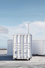 Poster - Two white containers placed on a parking lot, suitable for industrial and transportation concepts