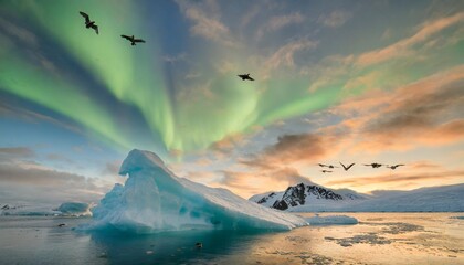 Poster - a group of birds flying over an iceberg under a sky filled with green and blue aurora aurora bores