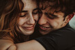 A man and a woman are hugging and the woman has freckles on her face