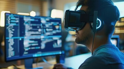 Poster - A man wearing a virtual reality headset in front of a computer. Ideal for technology and gaming concepts