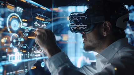 Poster - A man in a white shirt using a virtual device. Suitable for technology concepts