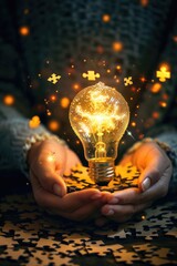 Aufkleber - A person holding a light bulb. Perfect for illustrating creativity and innovation