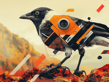 A Robotic Bird With A Camera On Its Head Is Standing On A Rocky Mountain. The Cyber Raven Is Surrounded By A Colorful And Abstract Background, Creativity And Imagination