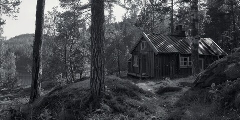 Poster - A black and white photo of a rustic cabin in a secluded forest. Ideal for nature or rustic themed designs