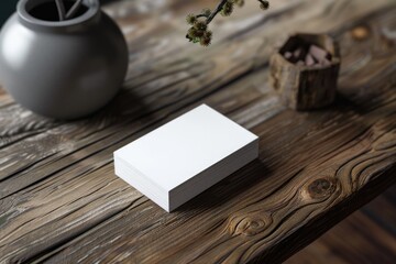 Poster - A white business card placed on a wooden table, suitable for business and office concepts