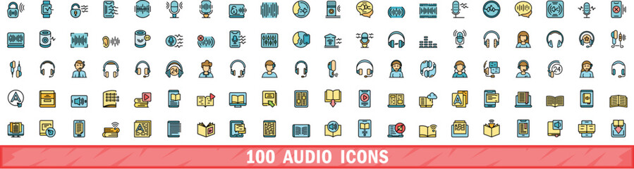 Poster - 100 audio icons set. Color line set of audio vector icons thin line color flat on white