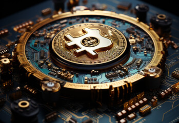  Golden bitcoin on the computer circuit board