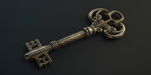 Poster - An old skeleton key resting on a black surface. Perfect for vintage or mystery-themed designs