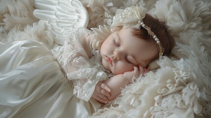 Aufkleber - Peaceful image of a baby sleeping on a white blanket, suitable for family and childcare concepts